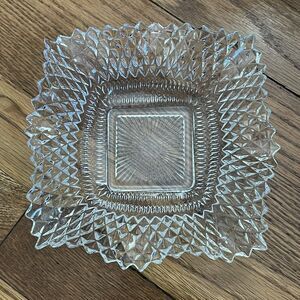 Vintage Indiana Glass Diamond Point Square Ruffled Edge Candy Trinket Dish